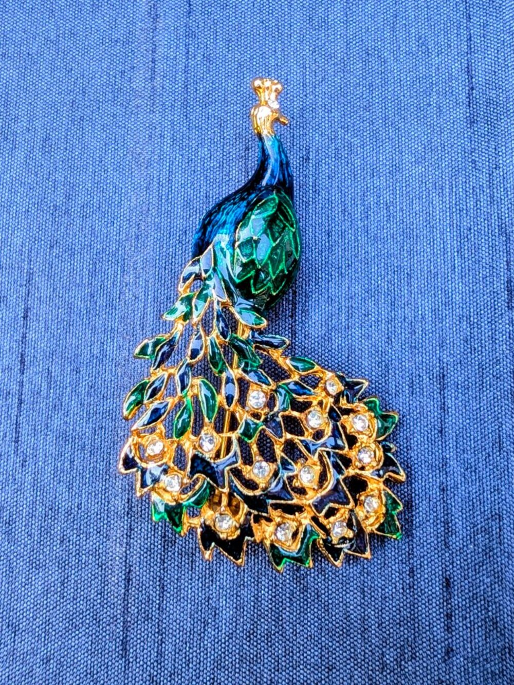 Peacock Brooch - Vintage - Blue and Green Enamel and Clear Rhinestones
